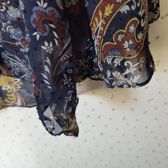 Style & Co Peasant Top XL Sheer Swiss Dot Paisley Blue Career Bell Sleeves Flowy - Picture 10 of 16